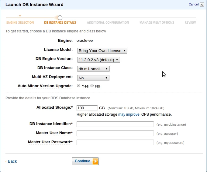 Amazon RDS Menu