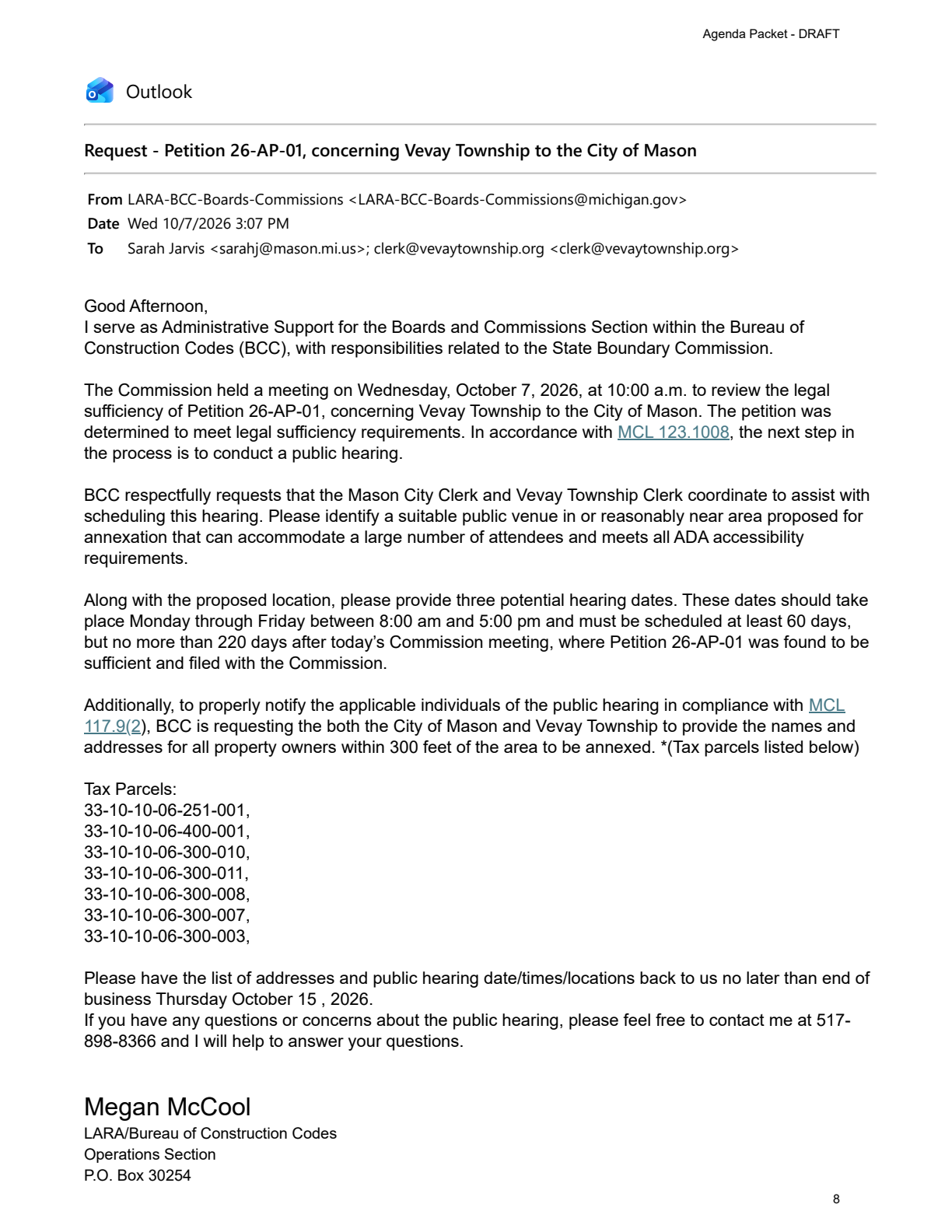 BCC correspondence on the hearing stage, PDF page 8
